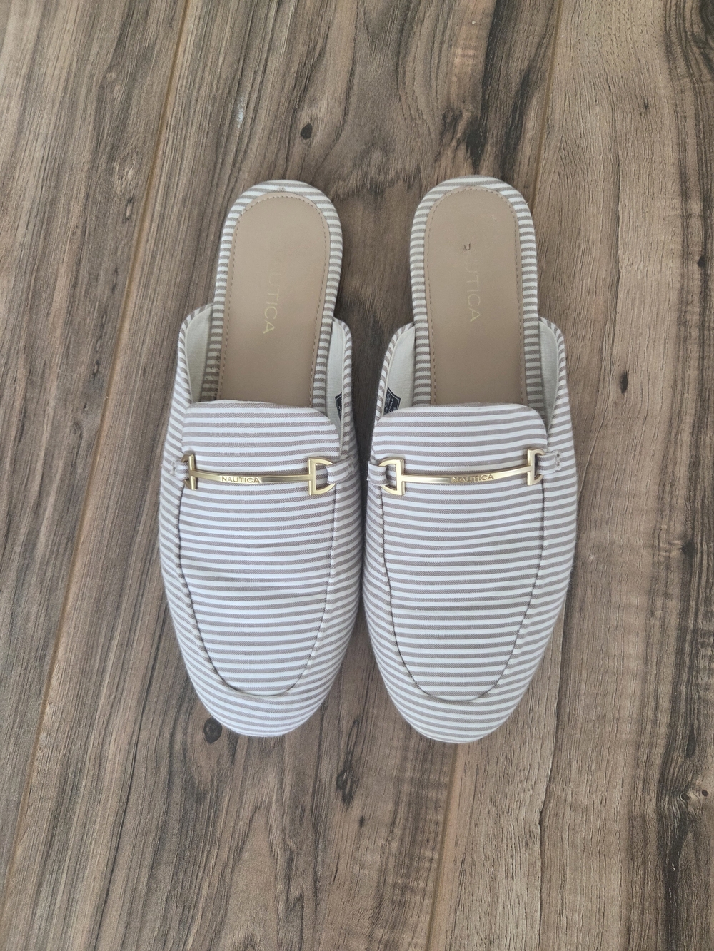 Nautica Striped White and Tan Slip-On Mules with Gold Accent
